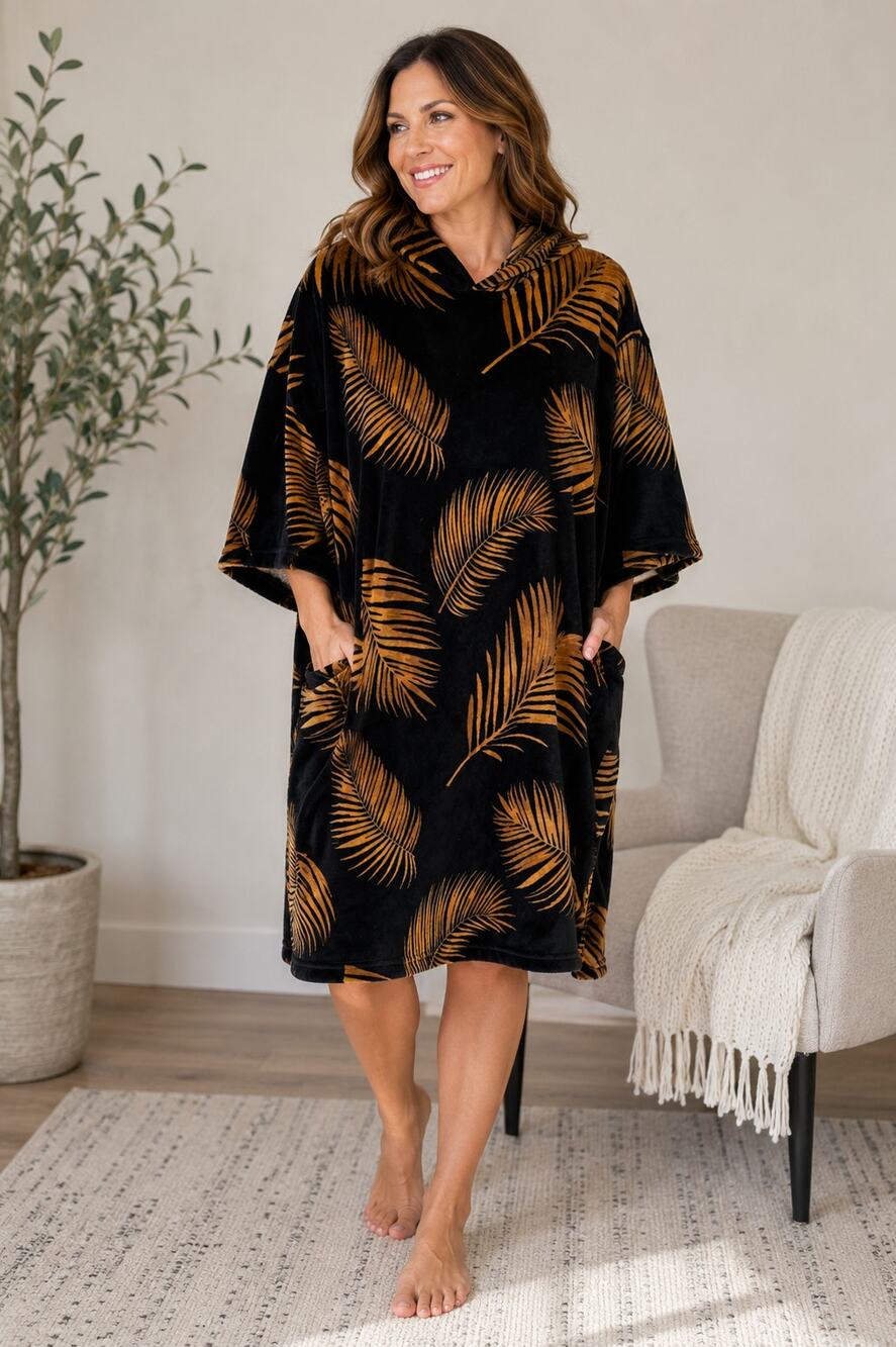 LRR183 TLS Hooded Plush Lounger Palm Leaf Print Black Tan Size Missing